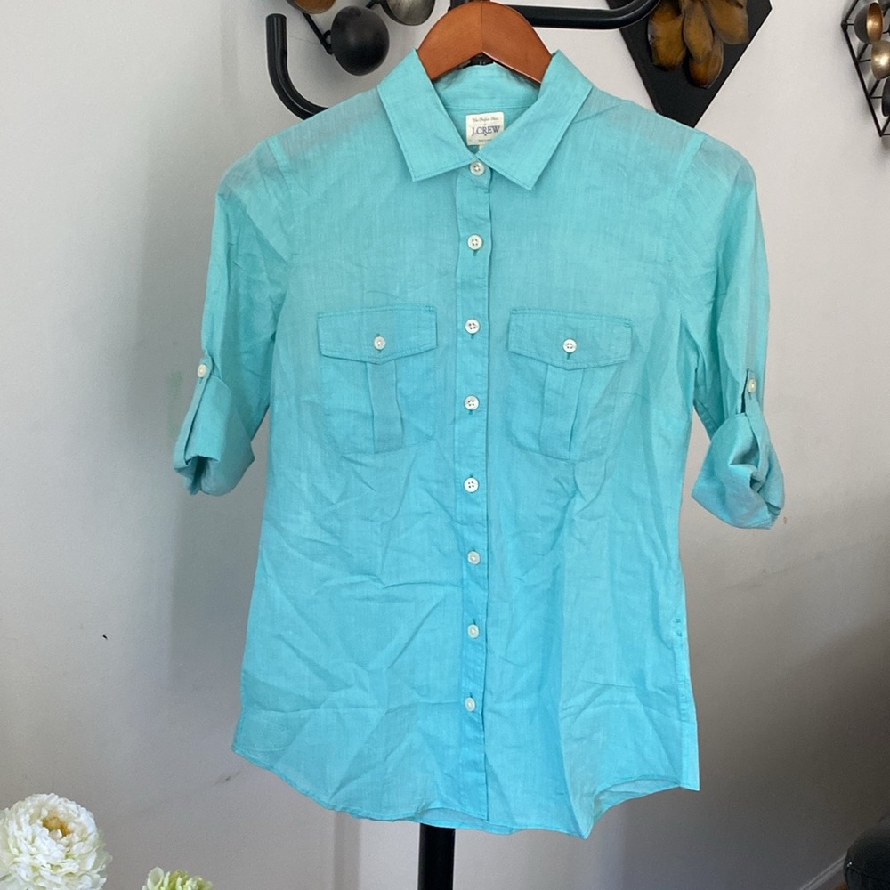 J. Crew Factory Womens Cotton Voile Camp Shirt The Perfect Fit Green